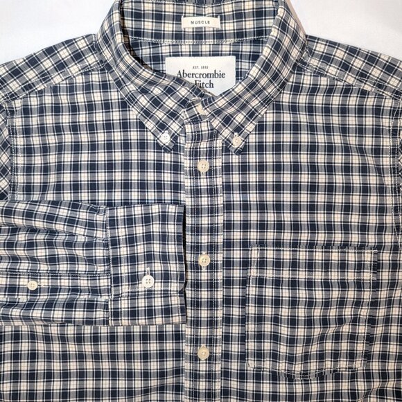 Abercrombie Men's | Y2K Cream & Navy Long Sleeve Cotton Muscle Button Down XL - Picture 1 of 11